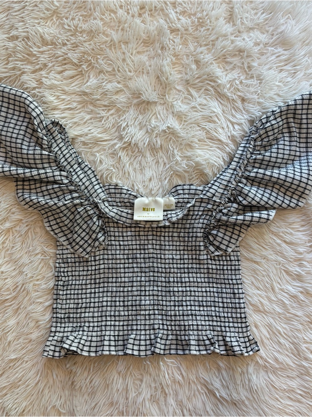 Anthropologie Black & White Gingham Smocked Crop Top